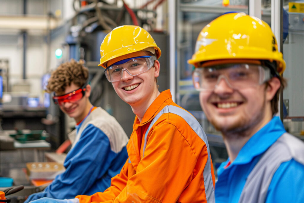 Drei junge Männer mit Schutzhelmen und Schutzbrillen in Arbeitskleidung sitzen nebeneinander in einer Produktionshalle und lächeln in die Kamera.