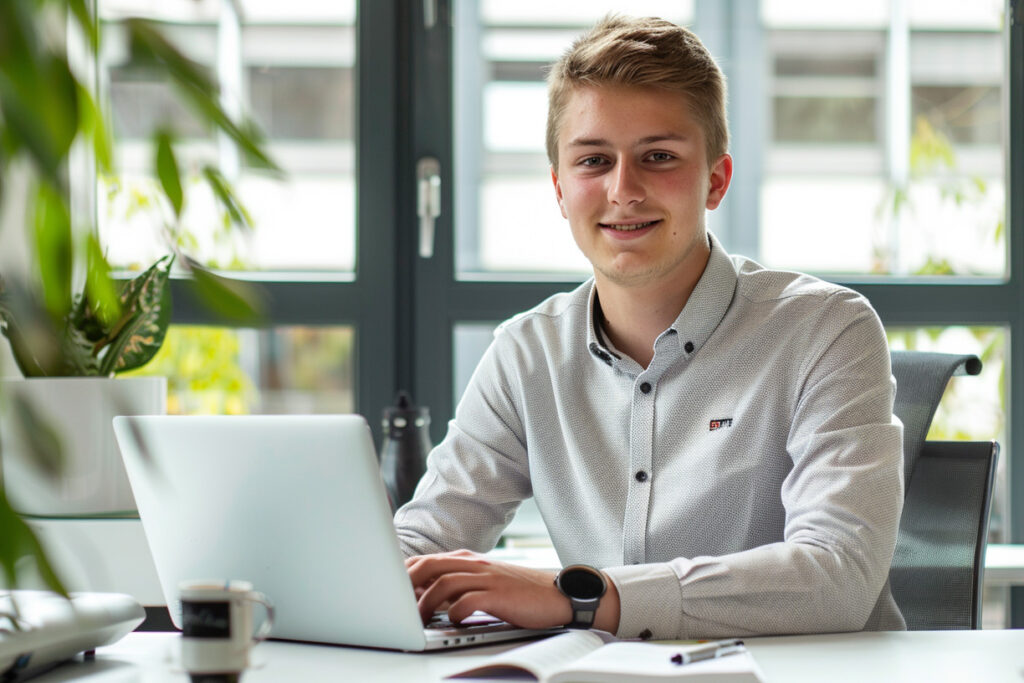 Junger Mann sitzt an einem Schreibtisch vor einem aufgeklappten Laptop, blickt lächelnd in die Kamera. Helle Büroräume mit großen Fenstern im Hintergrund.
