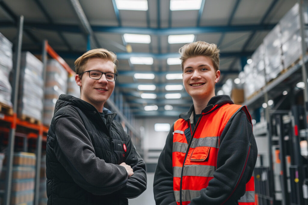 Zwei junge Männer stehen nebeneinander in einem Hochregallager. Einer trägt eine schwarze Weste, der andere eine orange reflektierende Warnweste. Beide lächeln in die Kamera.