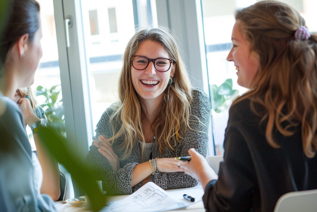 Drei junge Frauen sitzen an einem Tisch und unterhalten sich lachend. Im Vordergrund eine Frau mit langen blonden Haaren und Brille, die direkt in die Kamera lächelt. Helle, moderne Büroatmosphäre mit großen Fenstern im Hintergrund.
