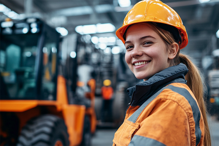 Eine junge Frau mit langen Haaren trägt einen orangefarbenen Arbeitsoverall mit Reflektorstreifen und einen orangefarbenen Schutzhelm. Sie steht in einer Werkhalle, lächelt in die Kamera und wirkt zufrieden.